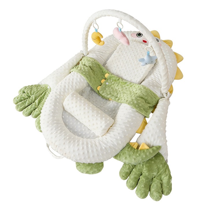 Cosulet Multifunctional pentru Bebelusi, cu Functie Inteligenta de Linistire, Manuta Interactiva, Telecomanda, Doua Perne Moi antiregurgitare, bara cu jucarii si Centura de Siguranta, Alb cu Verde– Funny Party Team®