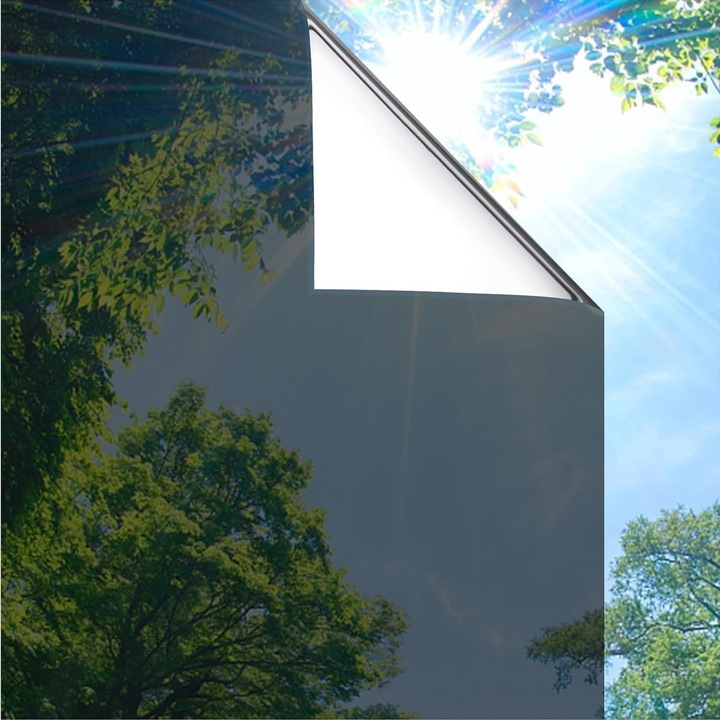 Folie de Geam Pentru Intimitate si Protectie Solara UV cu Efect de Oglinda, Dimensiuni 300 x 70 cm, Exterior Argintiu / Interior Negru, Luxer