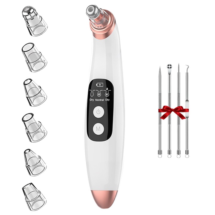 Уред за премахване на черни точки, електрически уред за почистване на лице, 3 регулируеми нива на всмукване, 6 сменяеми глави, USB зареждане, идеален за почистване на пори и грижа за кожата, бял