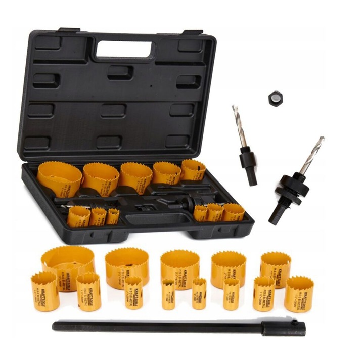 Set carote pentru lemn si metal cu adaptor, 19-76 mm, 17 piese, Kraft