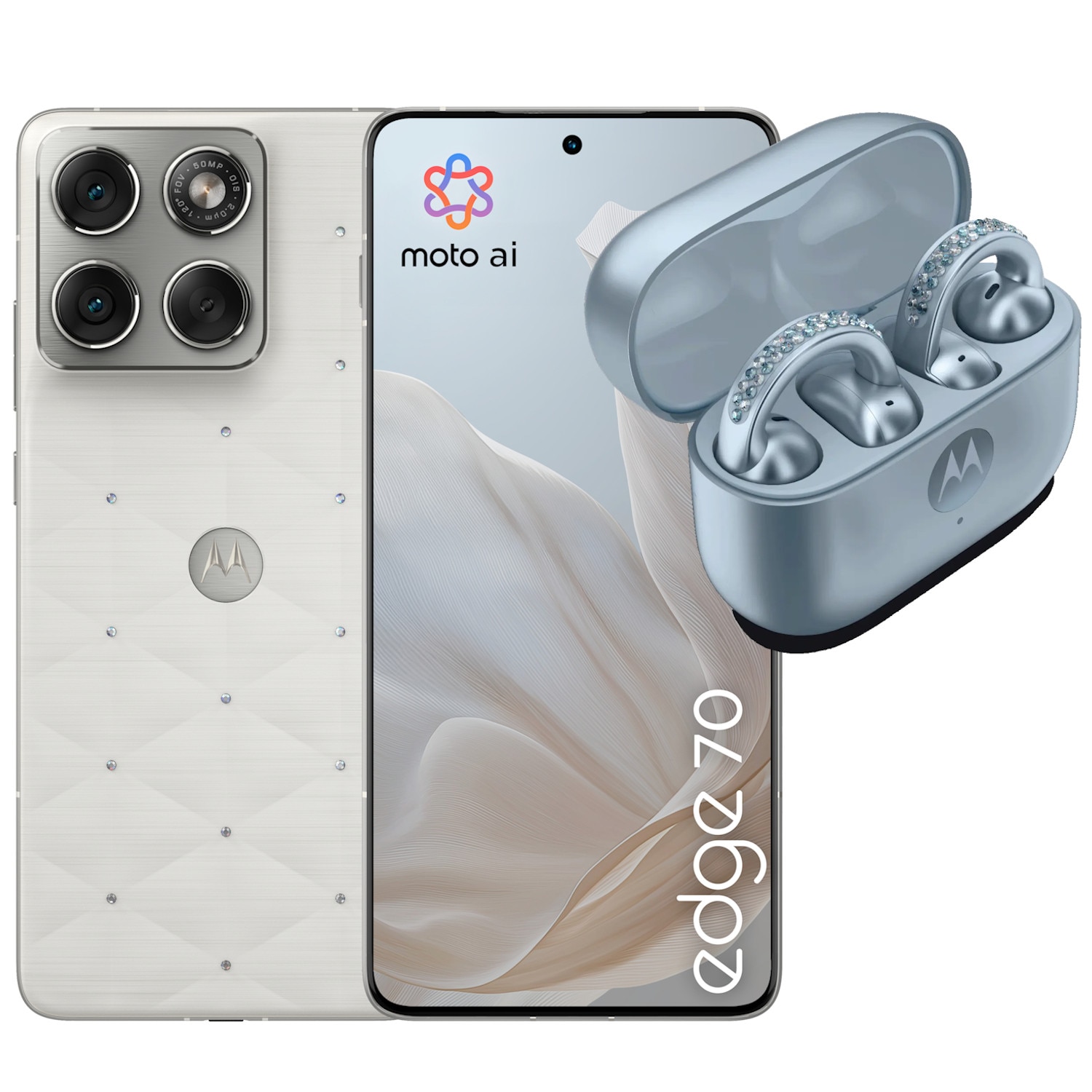 Telefon mobil Motorola Edge 70, 512GB, 12GB RAM, 5G, Pantone Cloud Dancer, Swarovski + Casti moto buds loop, Sound by Bose, Swarovski