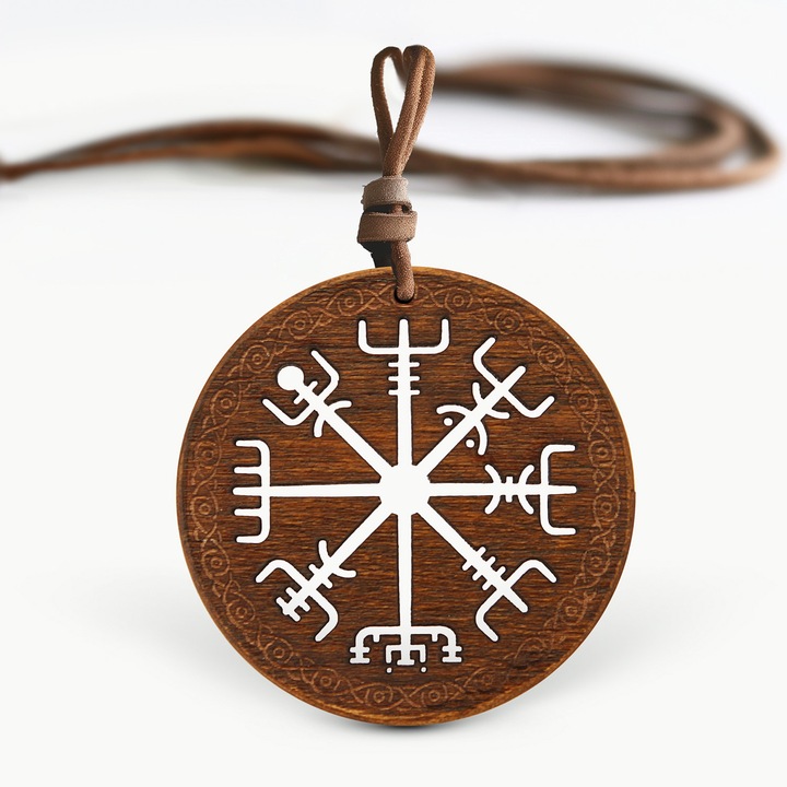 Pandantiv din lemn Vegvisir, RedOwlCraft, nuc, 6x6x0.4cm, handmade