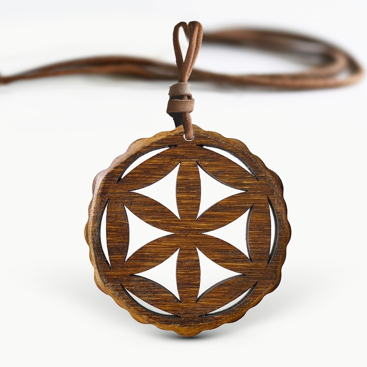 Pandantiv din lemn, RedOwlCraft, Seeds of Life, lacuit, nuc, 5x5x0.4cm