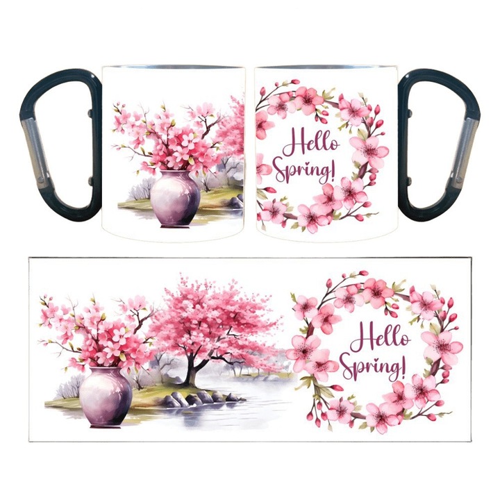 Cana alba din inox, cu carabiniera, cu dedicatie „Hello spring” – design cu primavara, 220 ml