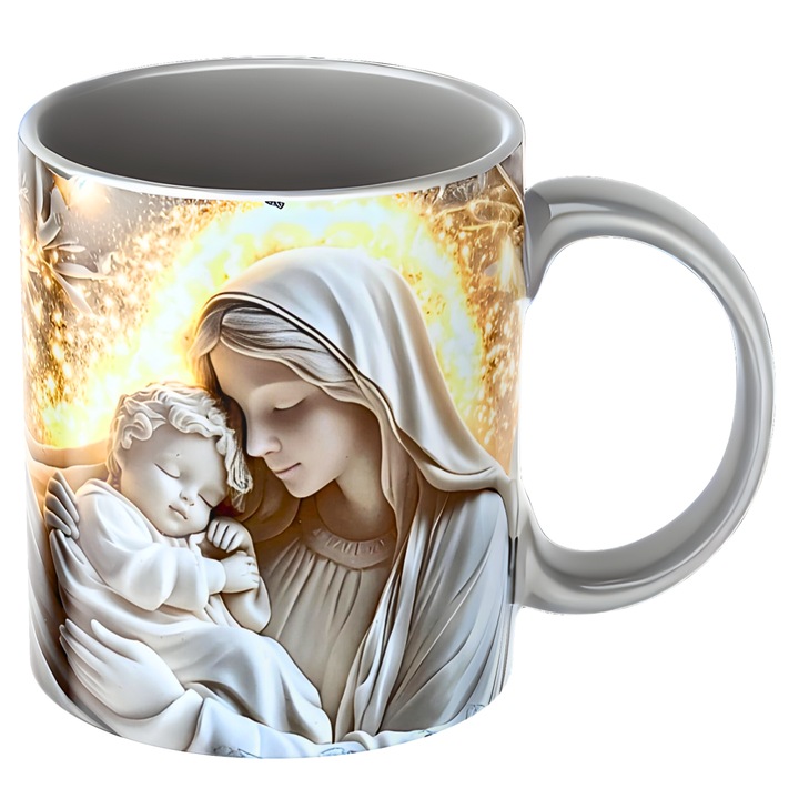 Cana personalizata Maica Sfanta – Ocrotitoarea Pruncului, cadou religios, credinta, efect 3D, ceramica, gri