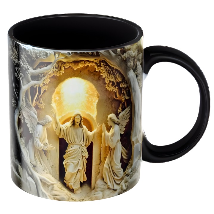 Cana personalizata Isus in Lumina Invierii, cadou religios, credinta, efect 3D, ceramica, neagra