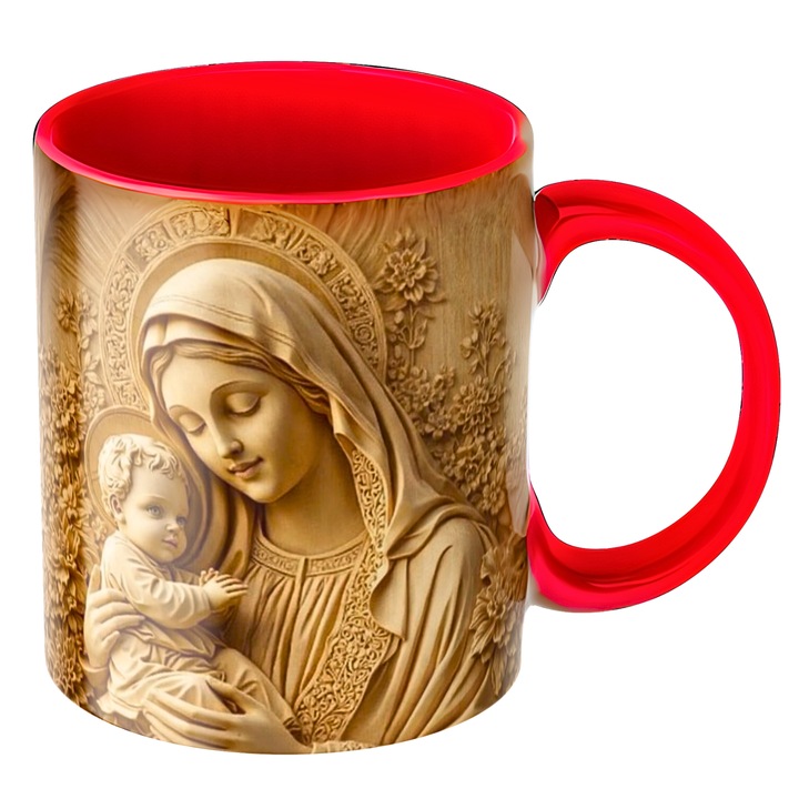 Cana personalizata Ocrotirea Sfanta a Maicii Domnului, cadou religios, credinta, efect 3D, ceramica, rosie