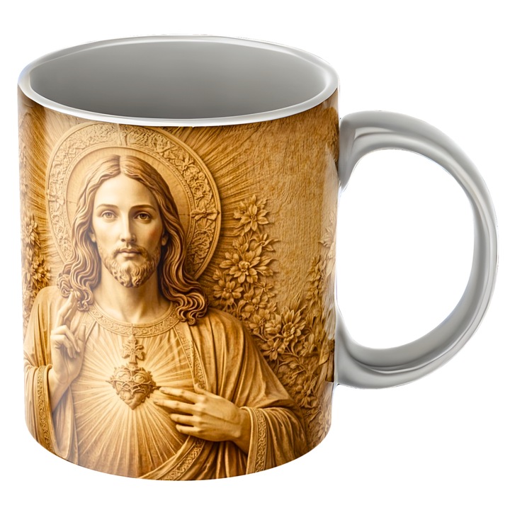 Cana personalizata Iisus Hristos, model sculptural detaliat, cadou religios, credinta, efect 3D, ceramica, gri