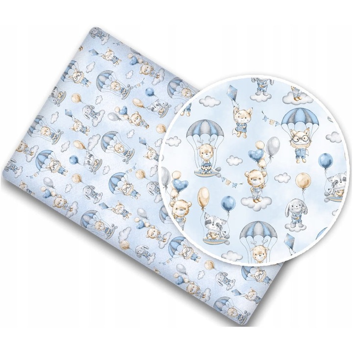 Cearceaf cu banda elastica pentru pat copii dimensiune 120 x 60 cm 100% bumbac, BabyMam Blue Parachute