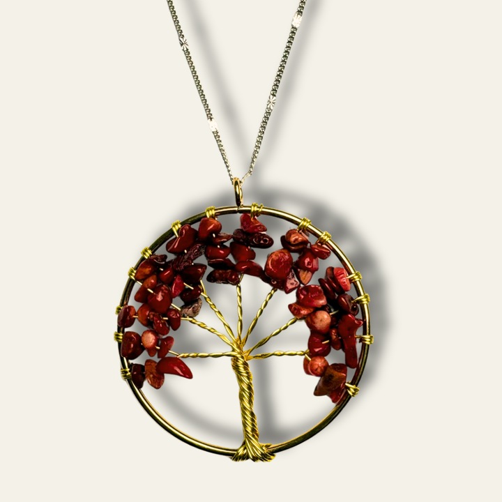 Pandantiv Pomul Vieții, GRYNDOR, jasp roșu, 5cm, aliaj metalic