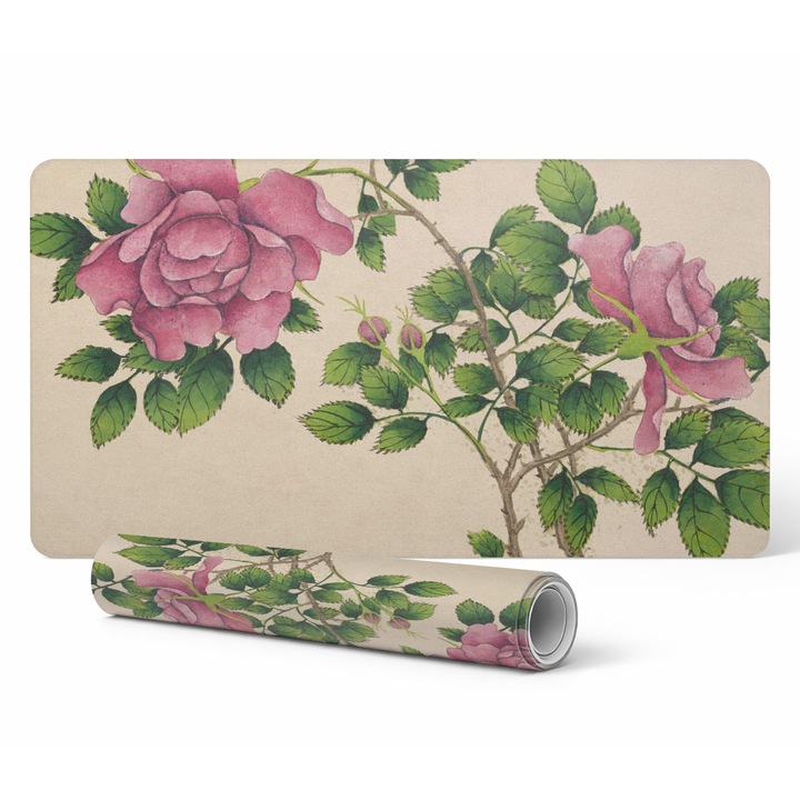 Mousepad Tulup, protectie birou, model buchet retro, 120x60cm, rezistenta la decolorare si raze UV