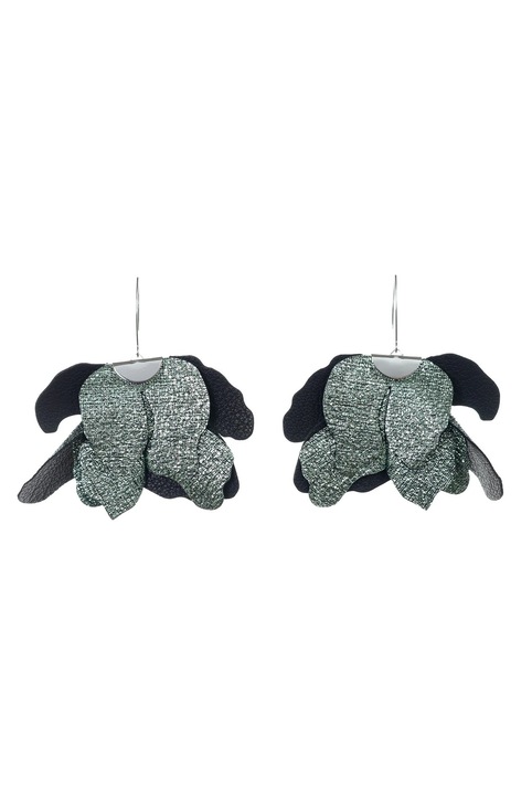 Cercei Floare Mare HAIART, Verde metalizat + Negru, 9x6cm, piele naturală