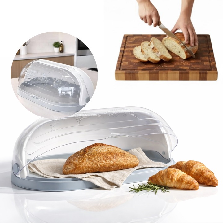 Cutie pentru Paine, Suport pentru paine cu fereastra Salestore.ro®, Capacitate mare, Design elegant, Asamblare usoara, Plastic PP, Free BPA, 47x27, 5x17cm, Alb/Gri