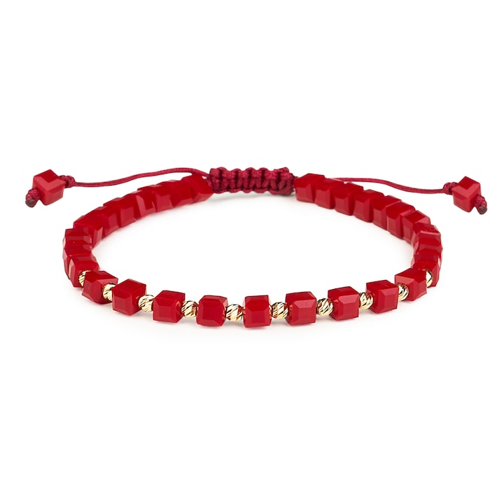 Brățară One Gold cu 10 bile Aur 14K, cristale visinii, ajustabilă