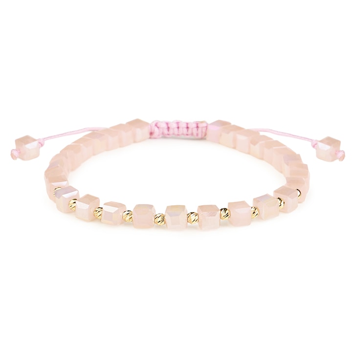 Bratara Aur 14K 585 cu 10 bile si cristale roz cubice baby pink, ajustabila