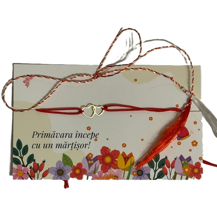 Bratara cu snur rosu, 2 inimioare din aur 14K, 0.07g, 585