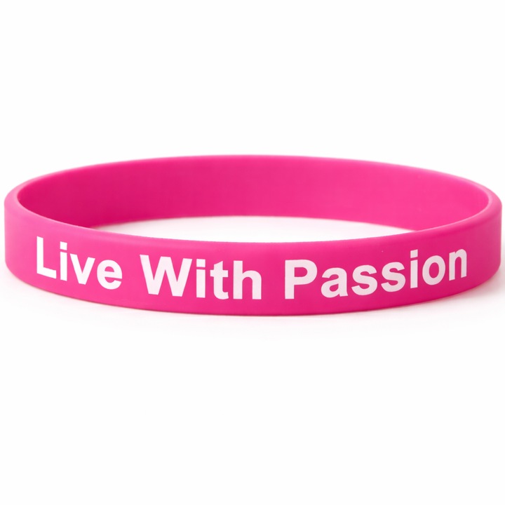 Bratara Silicon Roz NeoSimply, inscriptionata "LIVE WITH PASSION", diametru 10, 5 cm, stil minimalist