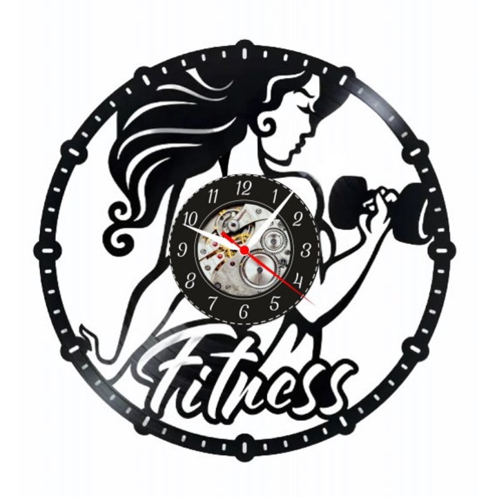 Dekoratív falióra - Fitness Queen - Strong & Beautiful - bakelitlemezből készült, Sport & Lifestyle Női design, Fekete, 30 cm