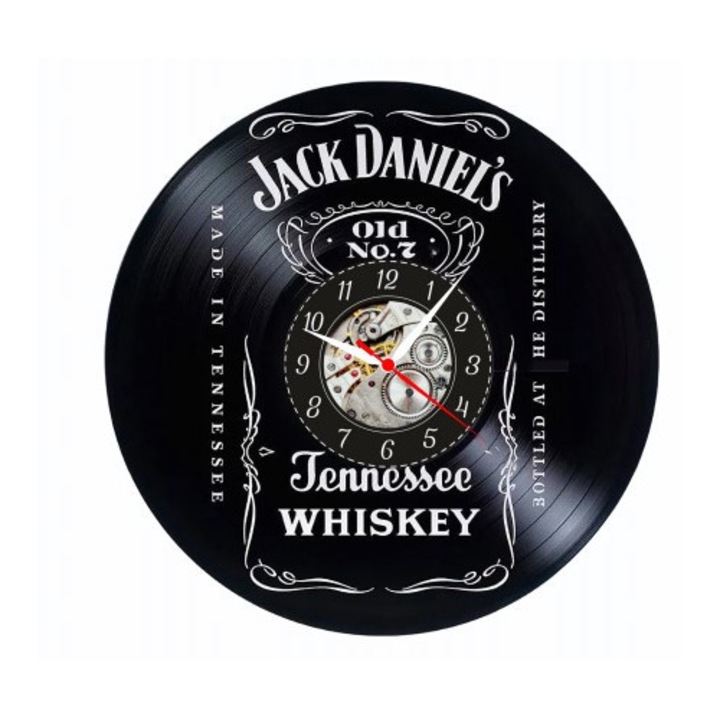 Dekoratív falióra - Jack Daniel’s Tennessee Whiskey - Vintage Label - bakelit lemezből (Vinyl Record) készült, Bar & Lounge design, Fekete, 30 cm