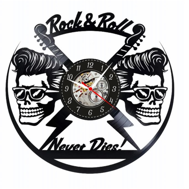 Dekoratív falióra - Rock & Roll Never Dies - Punk Koponya és Gitárok - bakelit lemezből (Vinyl Record) készült, zenei és retró design, fekete, 30 cm