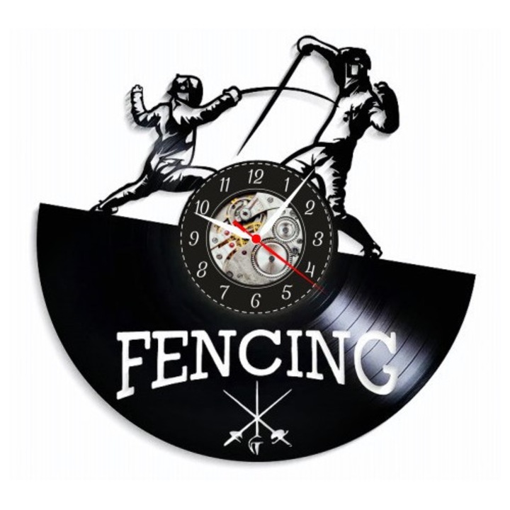 Dekoratív falióra - Vívó párbaj - En Garde - bakelit lemezből (Vinyl Record) készült, Vívás sport design, Fekete