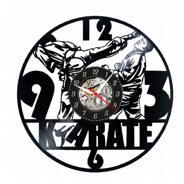 Dekoratív falióra - Karate Combat - Harcművészeti mesterség - bakelit lemezből (Vinyl Record), Sport és Fegyelem design, Fekete, 30 cm