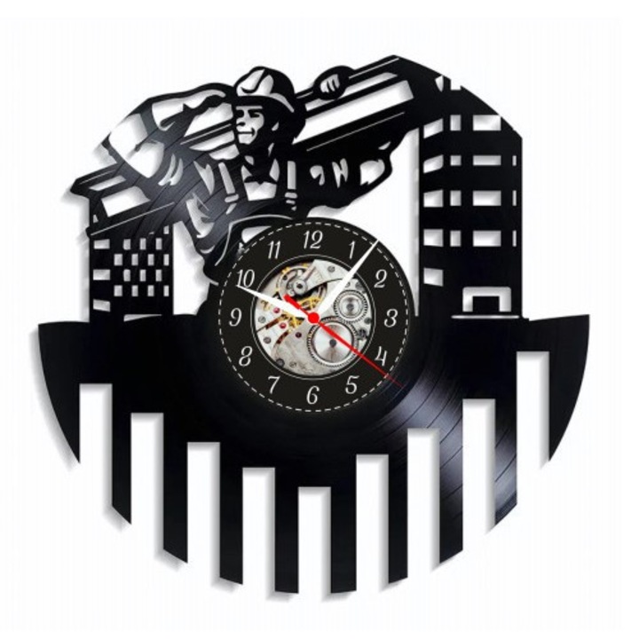 Dekoratív falióra - The Master Builder - Skyline Construction - bakelitlemezből (Vinyl Record), ipari és karrier design, fekete