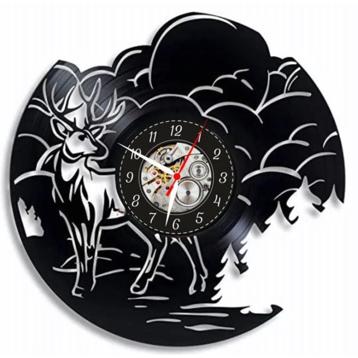 Dekoratív falióra - Fenséges Szarvas - Erdei Vadvilág - bakelitlemezből (Vinyl Record) készült, Természet & Vadászat dizájn, Fekete