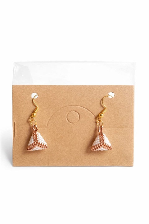 Cercei eleganți din mărgele Miyuki Delica aur 24K, design geometric, alb și rose gold