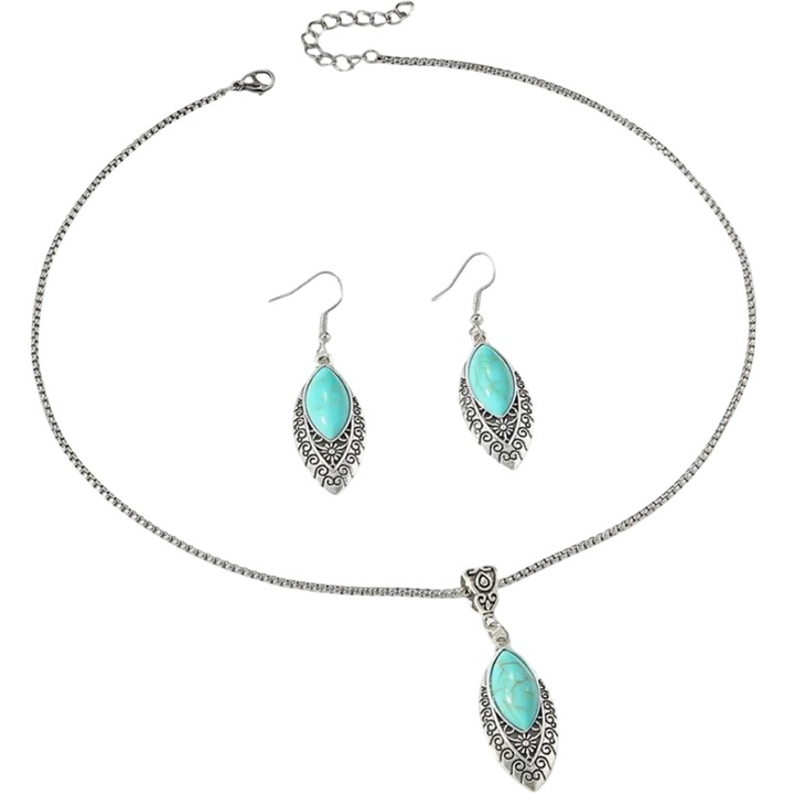 Set bijuterii, IZMAEL, RA-38241, argintie/turcoaz, dimensiune pandantiv 4, 5x1, 5cm, dimensiune cercei 5x1, 5cm