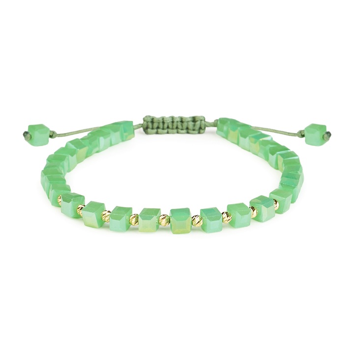 Bratara femei, One Gold, Aur 14 K, 10 bile, cristale verzi, ajustabila