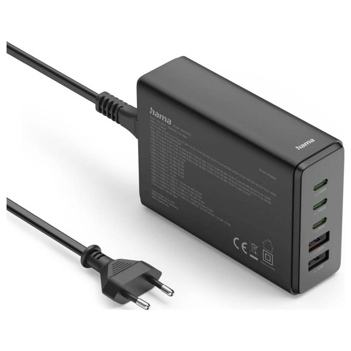 Statie de Incarcare Hama 201978 Tehnologie GaN Fast Charge 3xUSB-C 2xUSB-A PD 140W Negru