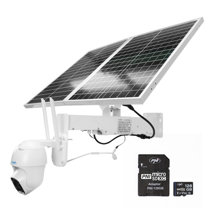Pachet camera supraveghere video PNI IP60 live PTZ cu panou solar, 2MP, GSM 4G si card MicroSD PNI 128GB