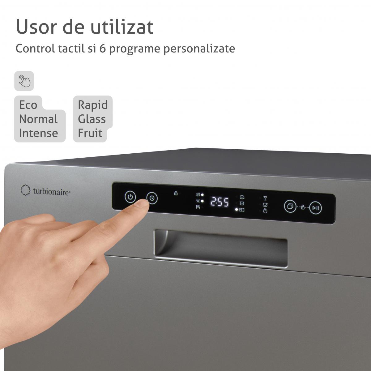 Masina de spalat vase compacta Turbionaire AVA 6 TPDSAVA6CTG, 6 seturi, 6 programe, Clasa D, Mod eco, Indicator umplere sare, Indicator umplere agent de clatire, Dedurizator apa, Spalare eficienta tip 360°, Restart, 55 cm, Gri