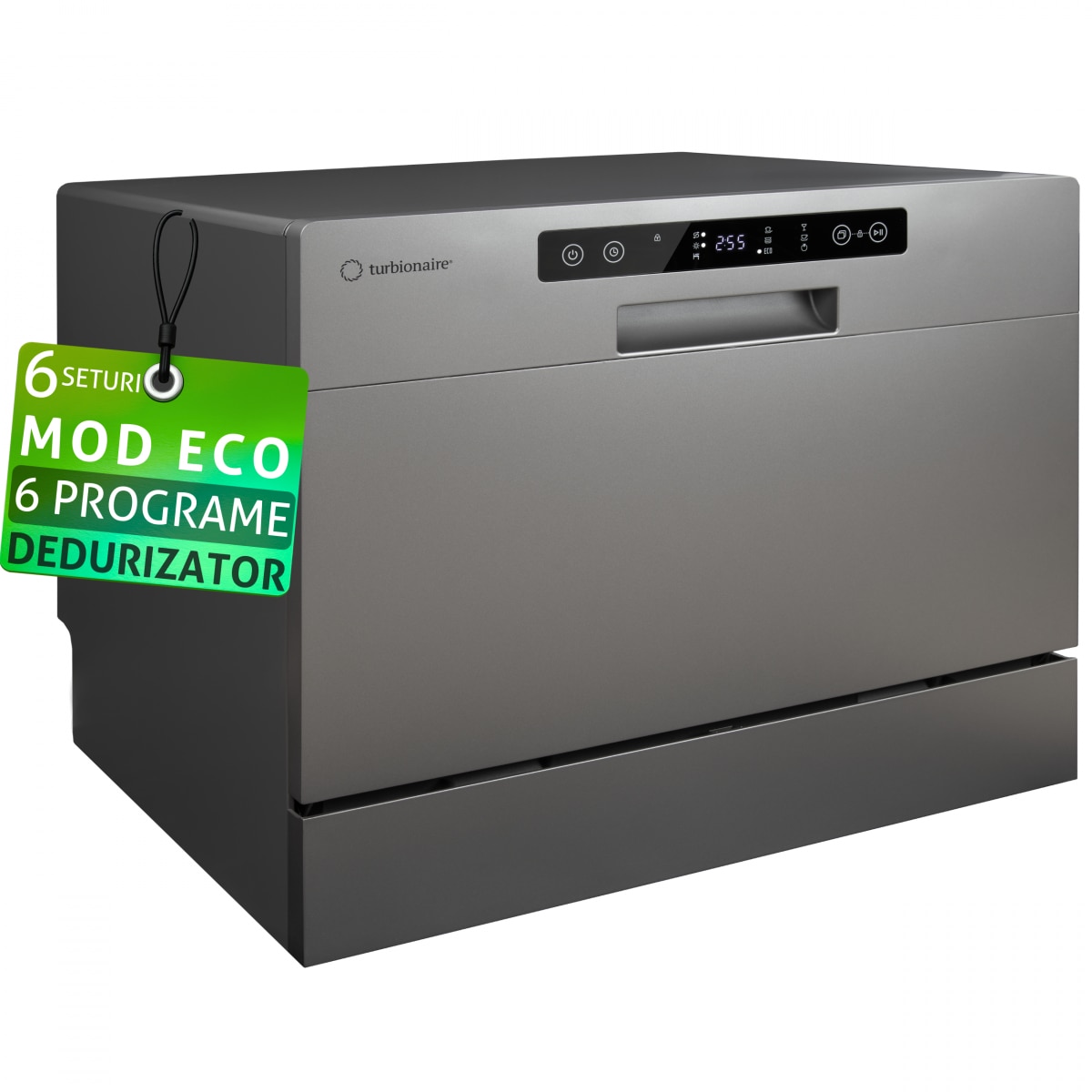 Masina de spalat vase compacta Turbionaire AVA 6 TPDSAVA6CTG, 6 seturi, 6 programe, Clasa D, Mod eco, Indicator umplere sare, Indicator umplere agent de clatire, Dedurizator apa, Spalare eficienta tip 360°, Restart, 55 cm, Gri