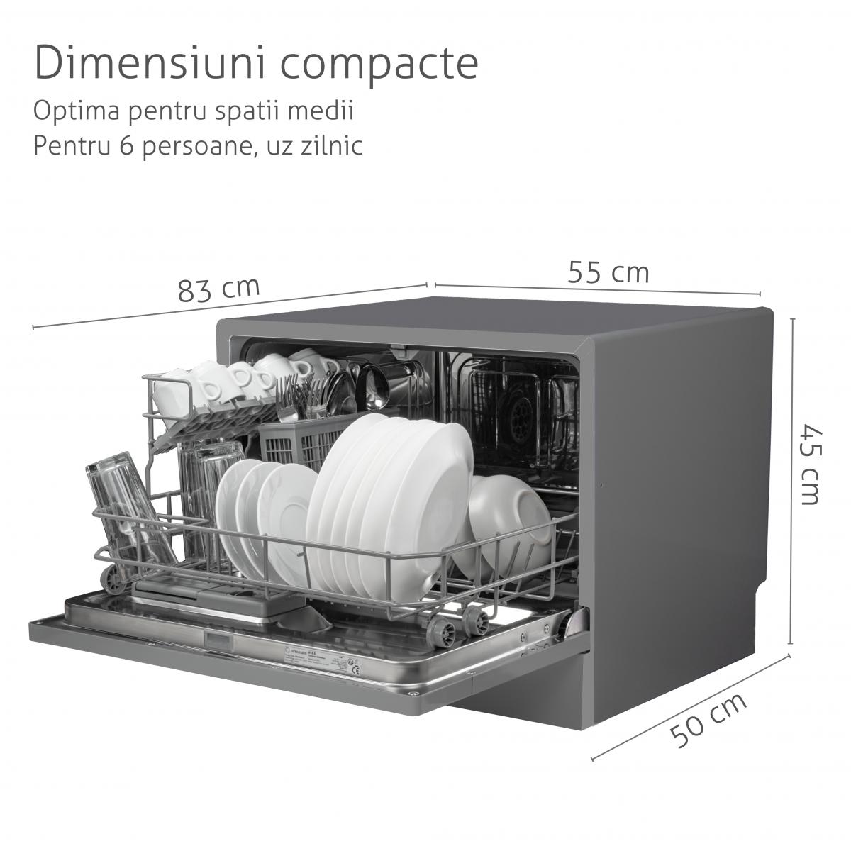 Masina de spalat vase compacta Turbionaire AVA 6 TPDSAVA6CTG, 6 seturi, 6 programe, Clasa D, Mod eco, Indicator umplere sare, Indicator umplere agent de clatire, Dedurizator apa, Spalare eficienta tip 360°, Restart, 55 cm, Gri