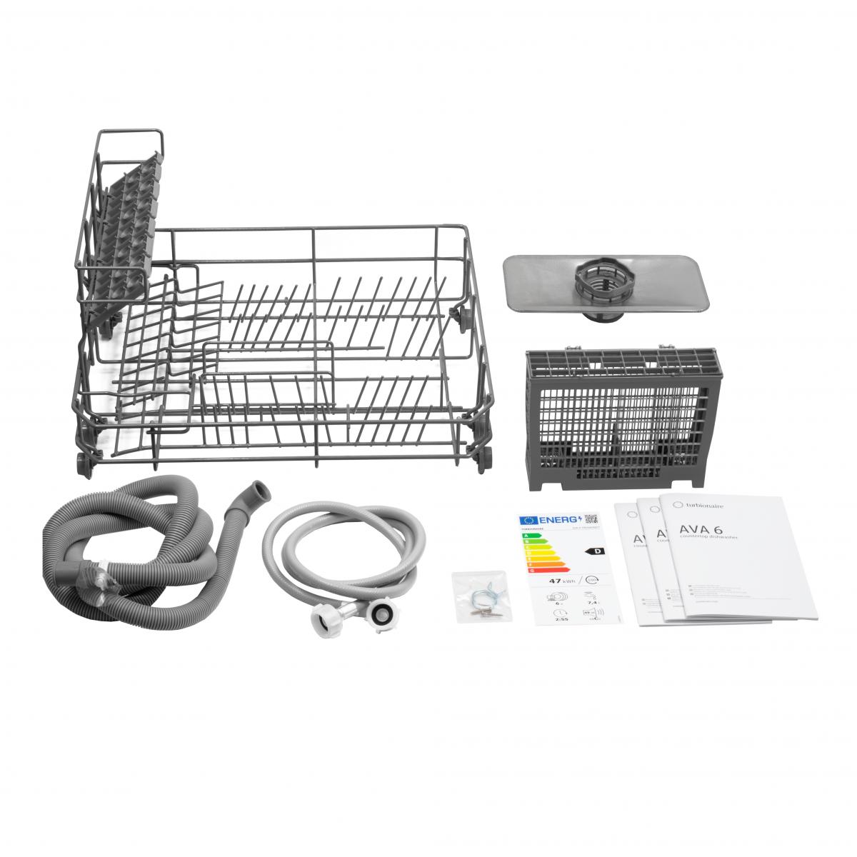 Masina de spalat vase compacta Turbionaire AVA 6 TPDSAVA6CTG, 6 seturi, 6 programe, Clasa D, Mod eco, Indicator umplere sare, Indicator umplere agent de clatire, Dedurizator apa, Spalare eficienta tip 360°, Restart, 55 cm, Gri