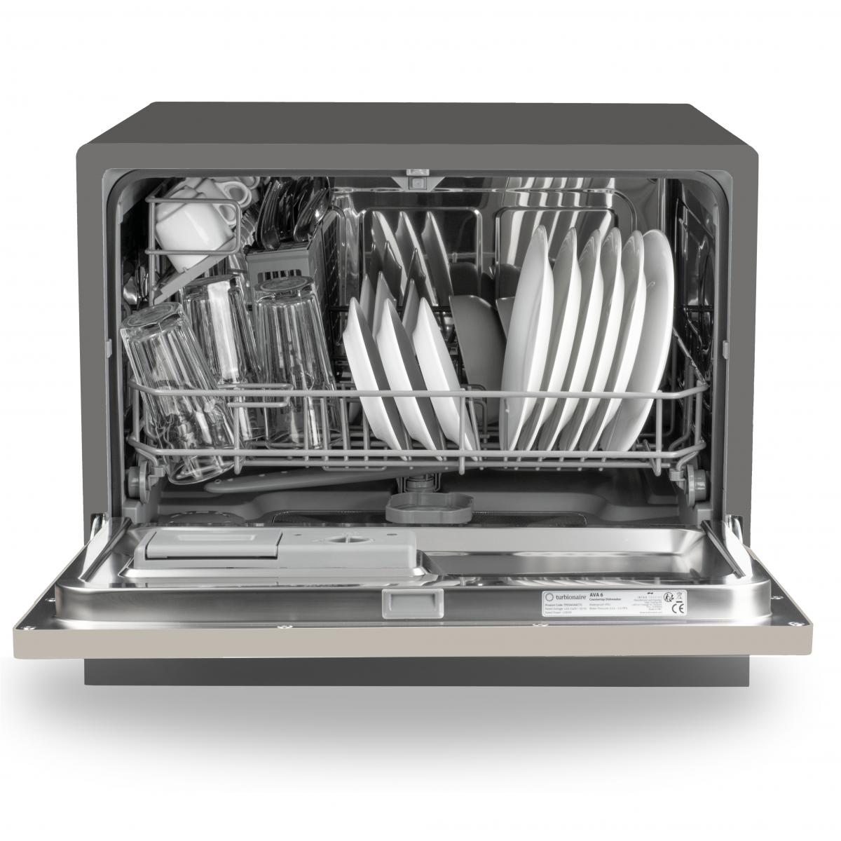 Masina de spalat vase compacta Turbionaire AVA 6 TPDSAVA6CTG, 6 seturi, 6 programe, Clasa D, Mod eco, Indicator umplere sare, Indicator umplere agent de clatire, Dedurizator apa, Spalare eficienta tip 360°, Restart, 55 cm, Gri