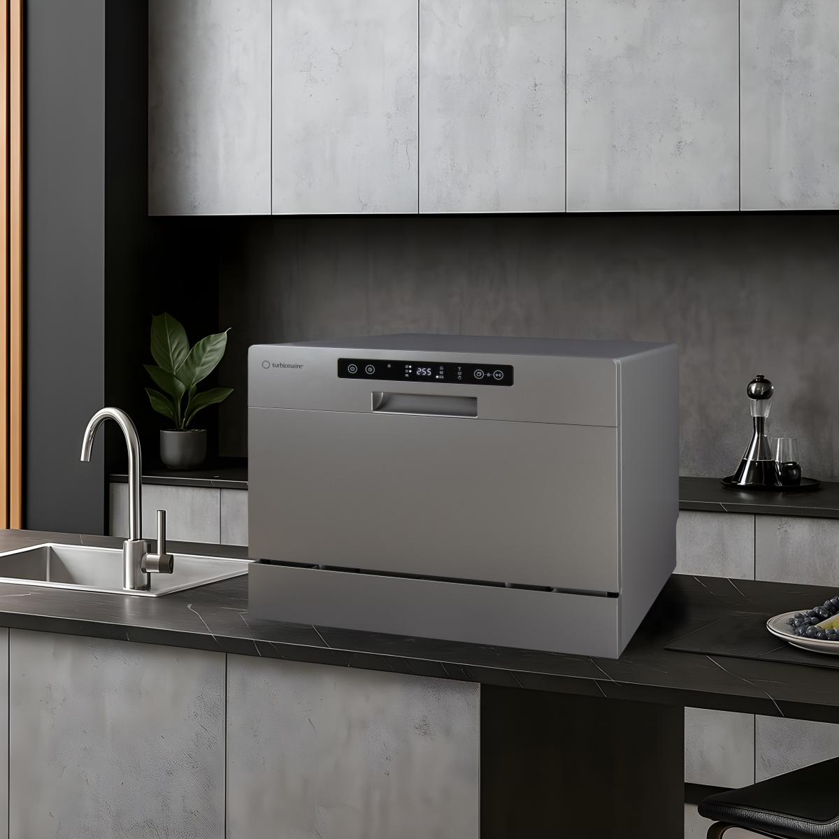 Masina de spalat vase compacta Turbionaire AVA 6 TPDSAVA6CTG, 6 seturi, 6 programe, Clasa D, Mod eco, Indicator umplere sare, Indicator umplere agent de clatire, Dedurizator apa, Spalare eficienta tip 360°, Restart, 55 cm, Gri