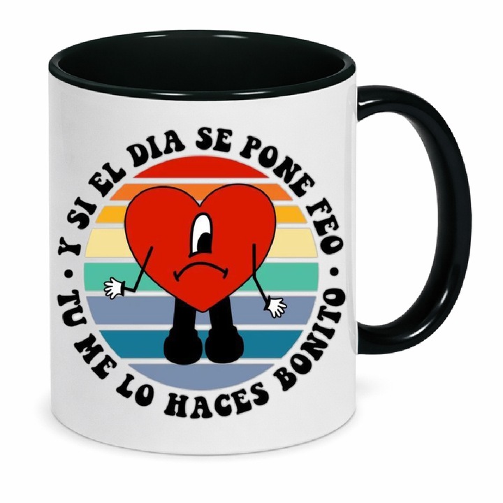 Cana ceramica, Mug No.3, 330ml, alb-negru, rezistenta la masina de spalat, design inspirat de Bad Bunny