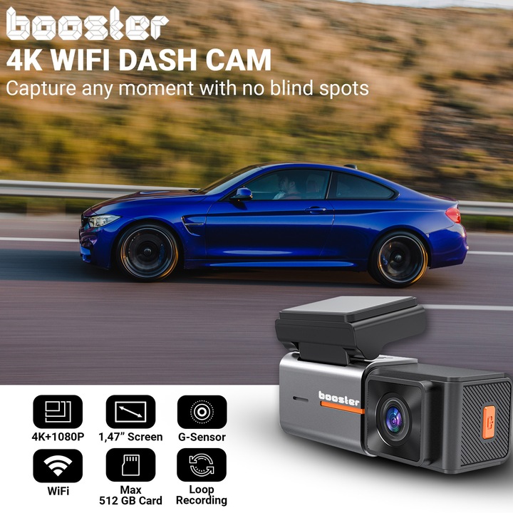 Камера за кола DVR Booster SafeDrive Pro 4K Ultra HD, DashCam предна и задна 4K + 1080P, вграден GPS, WiFi 5G, 1.47” IPS екран, G-сензор, нощно виждане, цикличен запис, 170° ъгъл, поддръжка на microSD карта 512GB, мобилно приложение