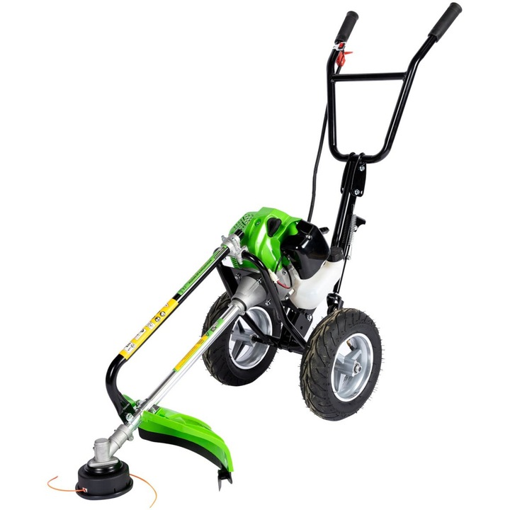 Micul Fermier MF-MC1004-S001-G01 benzinmotoros fűnyíró/fűszegélynyíró, kerekekkel, teljesítmény 4 LE, 52 cm3, 2 ütemű, vágási átmérő damillal 25,5 cm, gumikerekek, elektronikus indítás, függőlegesen állítható fogantyú
