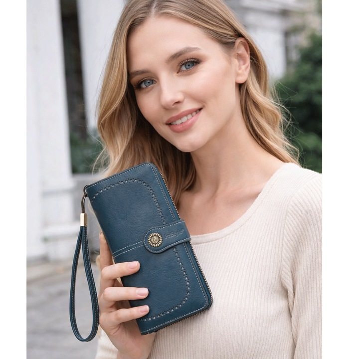 Portofel Dama Premium din Piele Ecologica, Elegant, cu Fermoar si Capsa, Compartimente Multiple pentru Carduri si Bancnote, Protectie RFID, Curea de Mana Inclusa, 19x10x3 cm, Albastru Inchis, PriStyle®