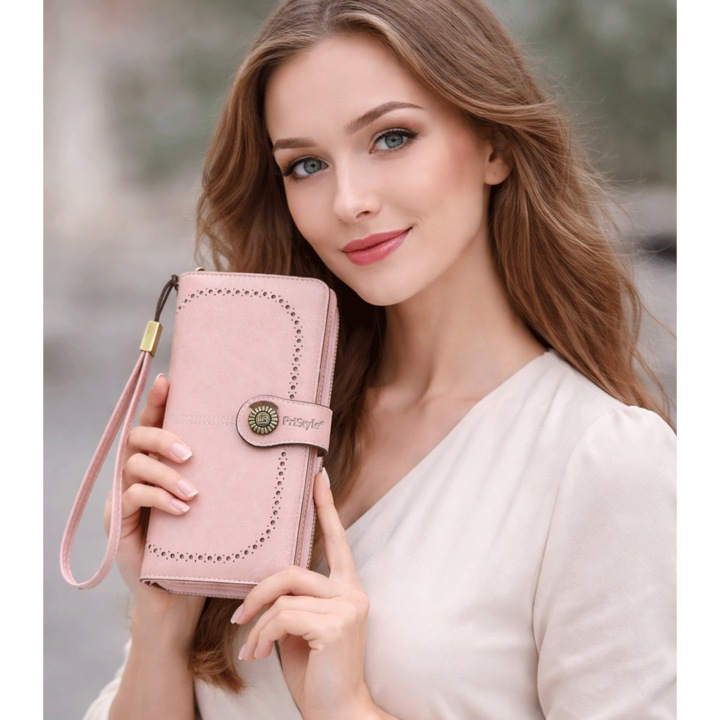 Portofel Dama Premium din Piele Ecologica, Elegant, cu Fermoar si Capsa, Compartimente Multiple pentru Carduri si Bancnote, Protectie RFID, Curea de Mana Inclusa, 19x10x3 cm, Crem, PriStyle®