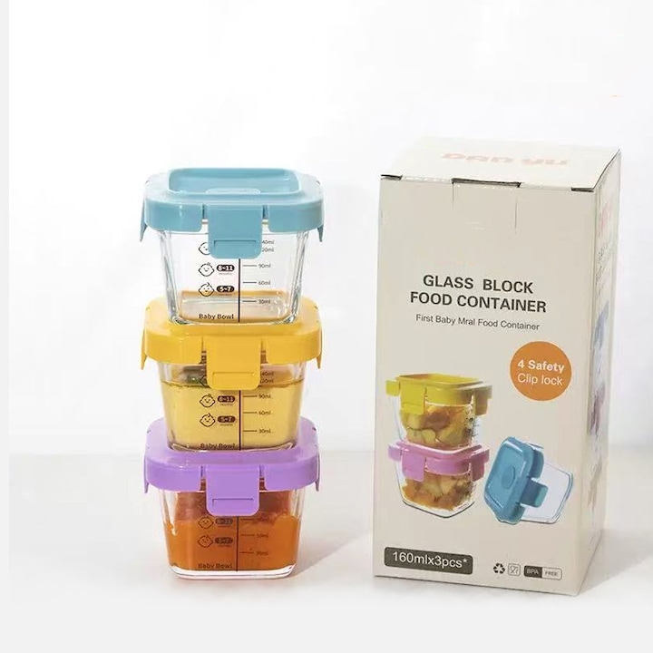 Set 3 recipiente pentru pastrarea hranei, WANDAVICTA, 140ml, Sigilat, multicolor, reutilizabile, Pentru stocare hrana copii, Pentru cuptor cu microunde, masina de spalat vase, congelator, Sticla