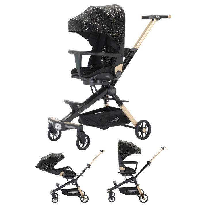 L-Sun sport babakocsi, összecsukható, megfordítható ülés, fekete arany színben, 35x74x96cm