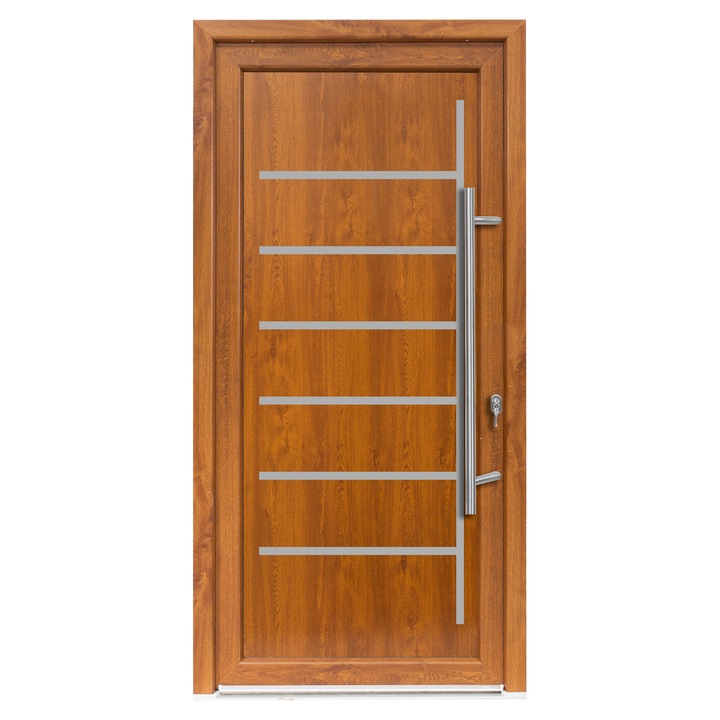 Usa exterior PVC ZETA, profil Klass, 980x2000 mm, deschidere dreapta, alb stejar auriu, maner spatial