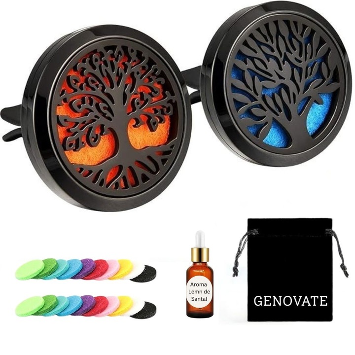 Odorizant Auto, Genovate, Set 2 Difuzoare Aluminiu, 20 Discuri Fetru, Negru, Ulei Aroma Lemn de Santal, 10 ml