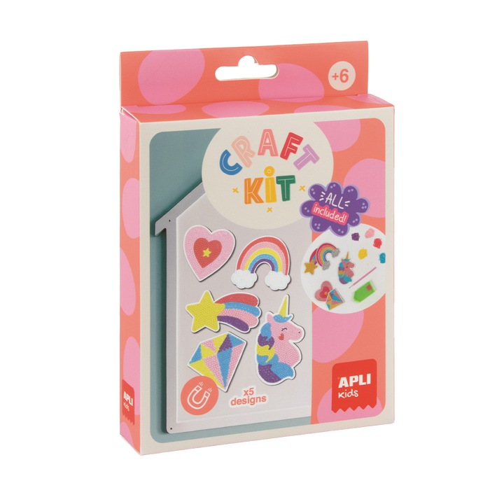 Set kit de lucru cu pini magnetici și diamante, Apli Kids, 6 ani+, pentru fete, 5 baze magnetice, diamante acrilice colorate