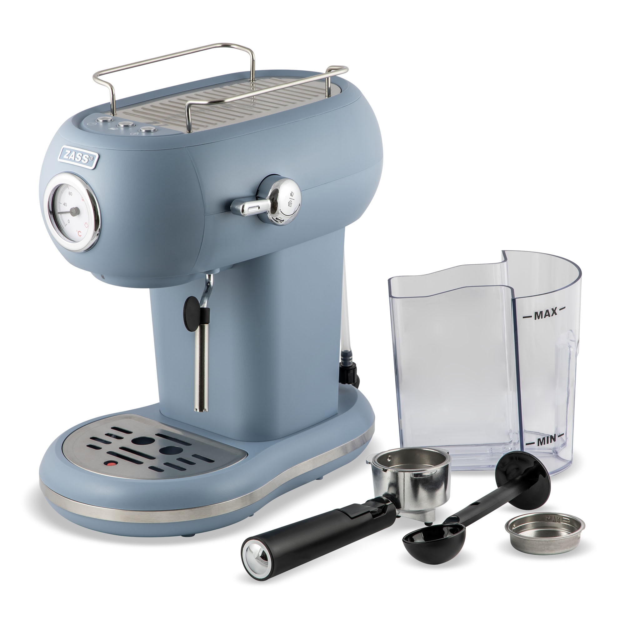 Expresor cafea Zass ZEM 15, 1100 W, 15 bar, rezervor 1.2 L, 2 cesti, Faded Denim
